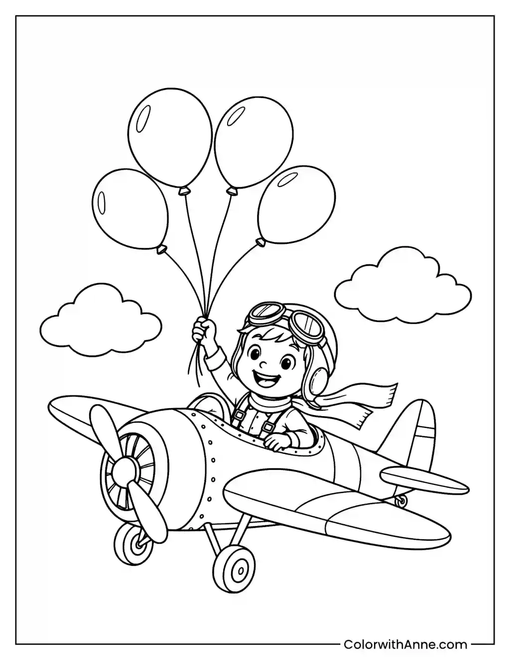Happy Child Flying a Plane with Balloons Coloring Page