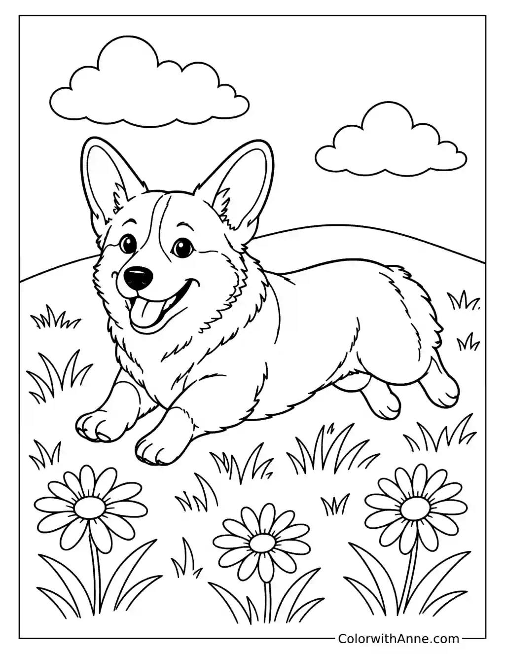 Happy Corgi Running Through a Meadow Coloring Page