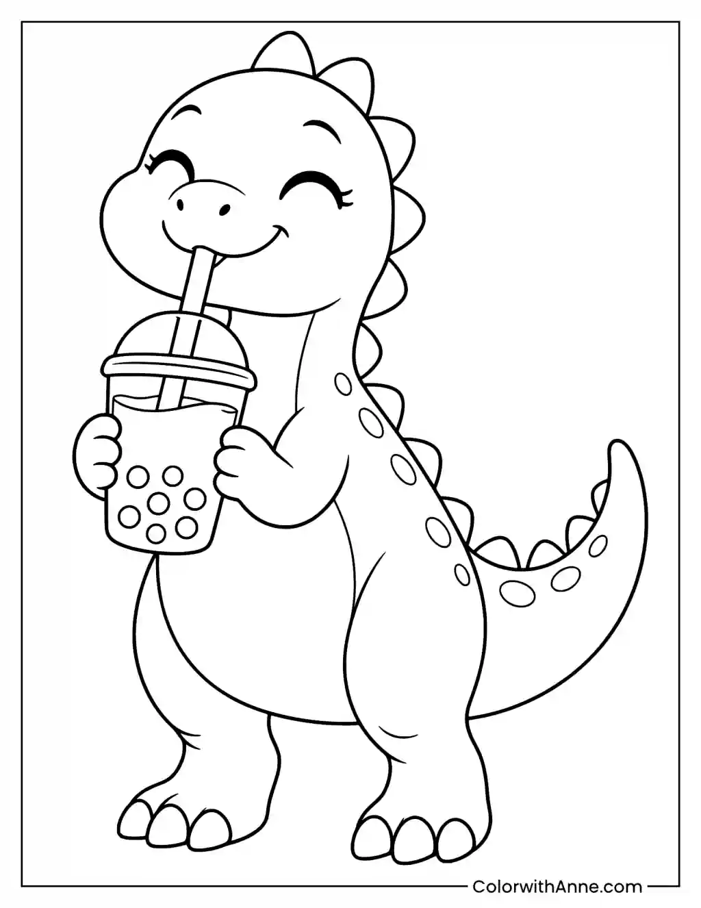 Happy Dinosaur Drinking Boba Coloring Page