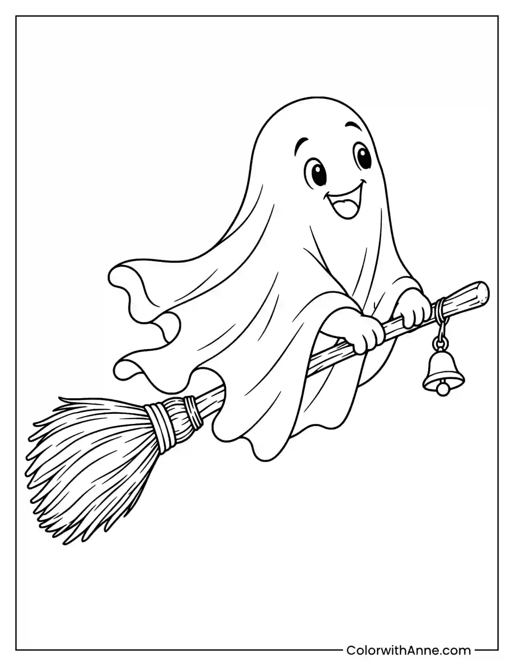 Happy Ghost on a Broomstick Coloring Page