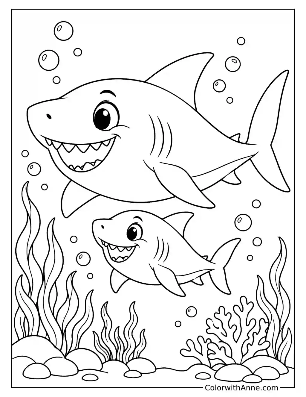 Happy Parent and Baby Sharks Swimming Together Coloring Page