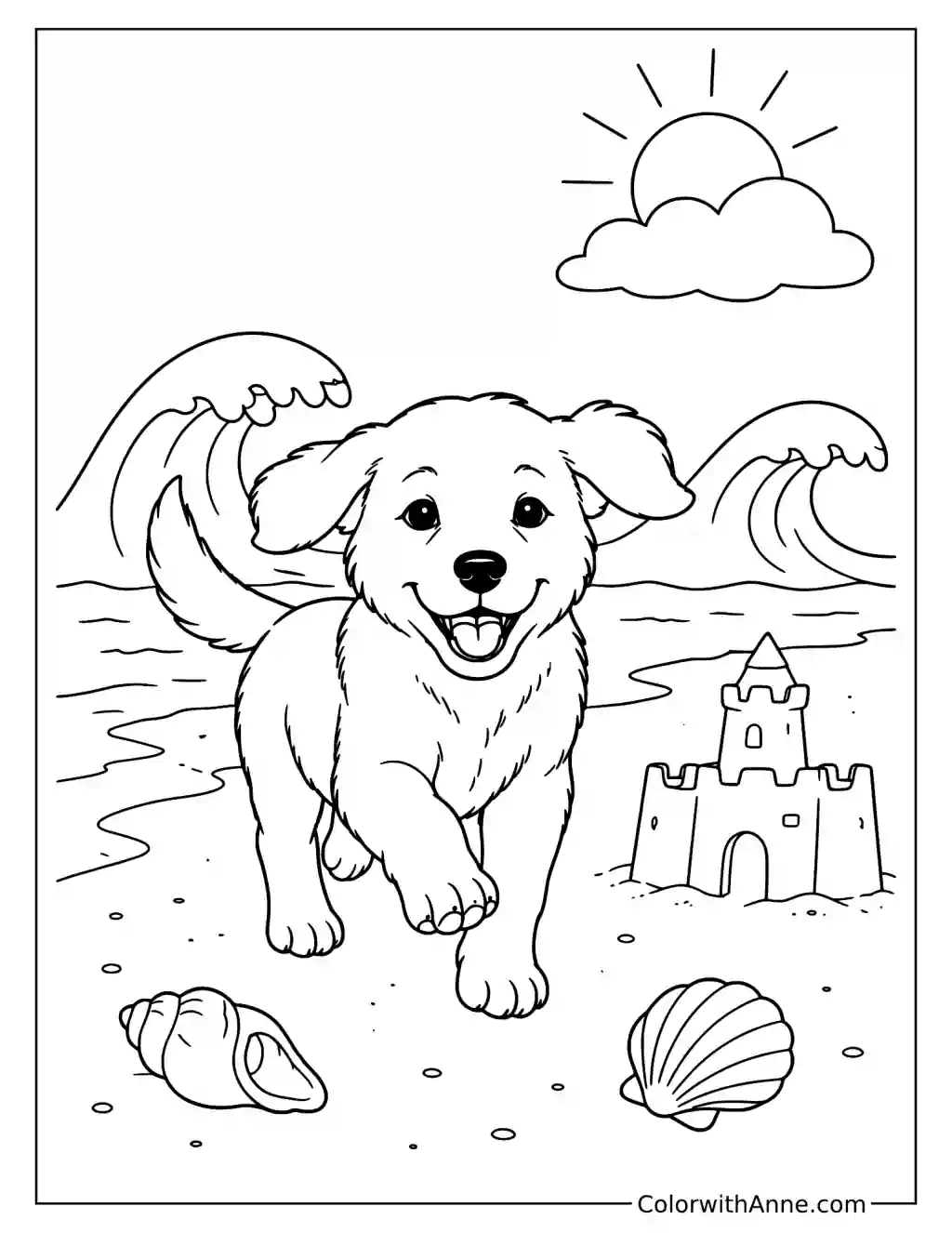 Happy Puppy Running by the Shore Coloring Page