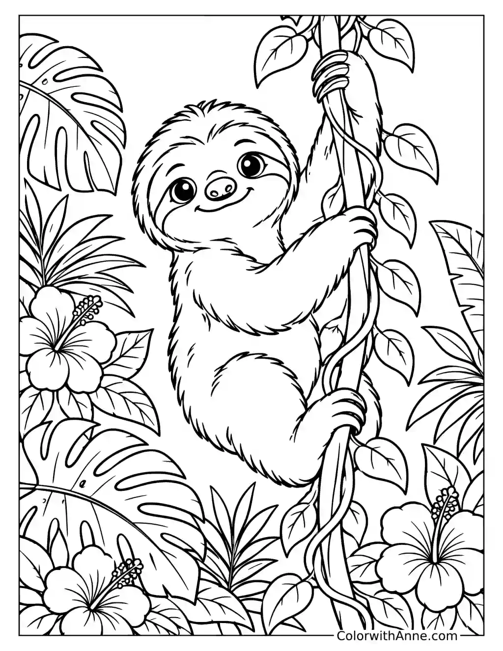 Happy Sloth Climbing a Jungle Vine Coloring Page