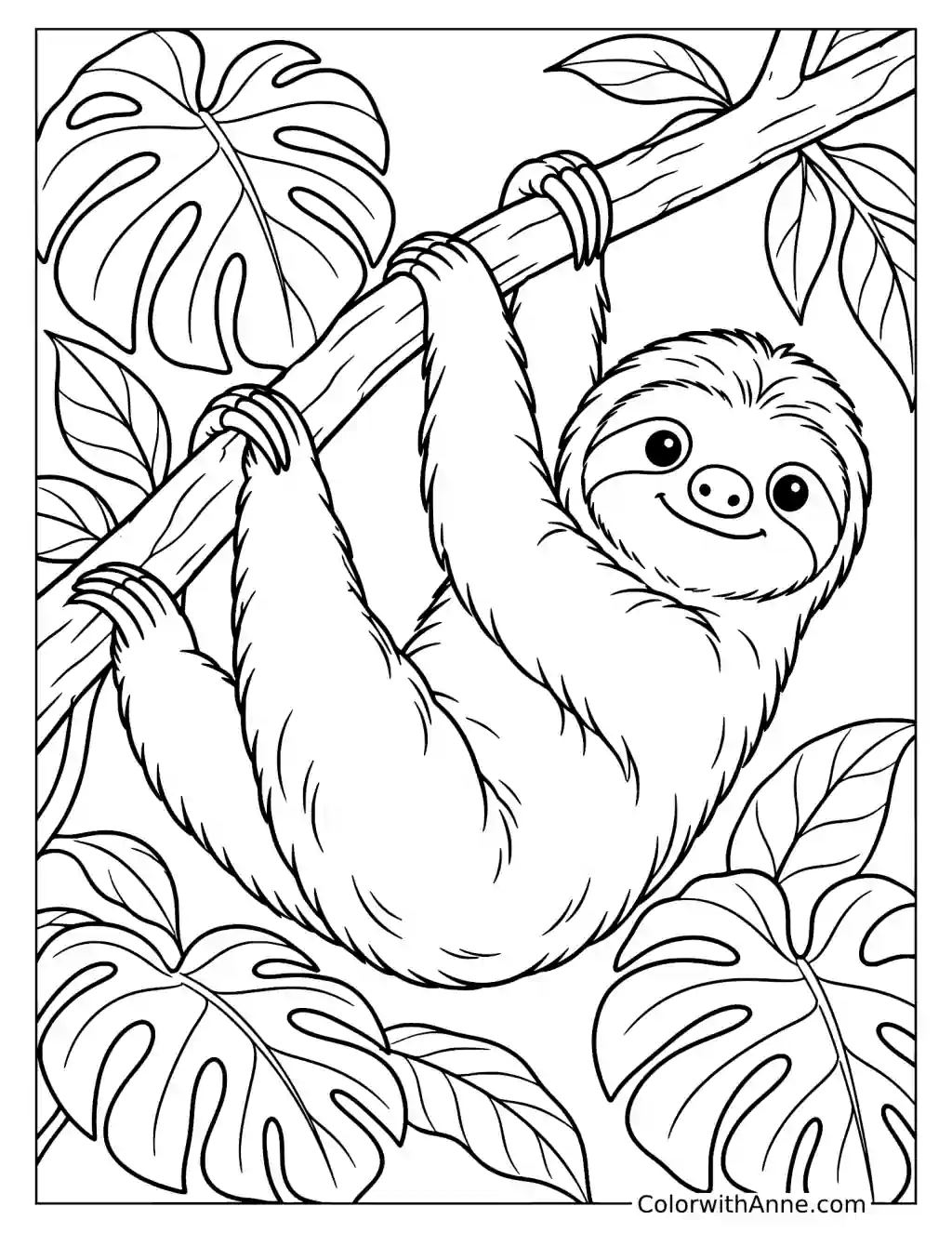 Happy Sloth Hanging Among Tropical Leaves Coloring Page