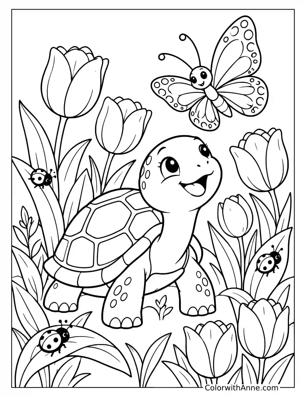 Happy Turtle in the Tulip Garden Coloring Page for Kids
