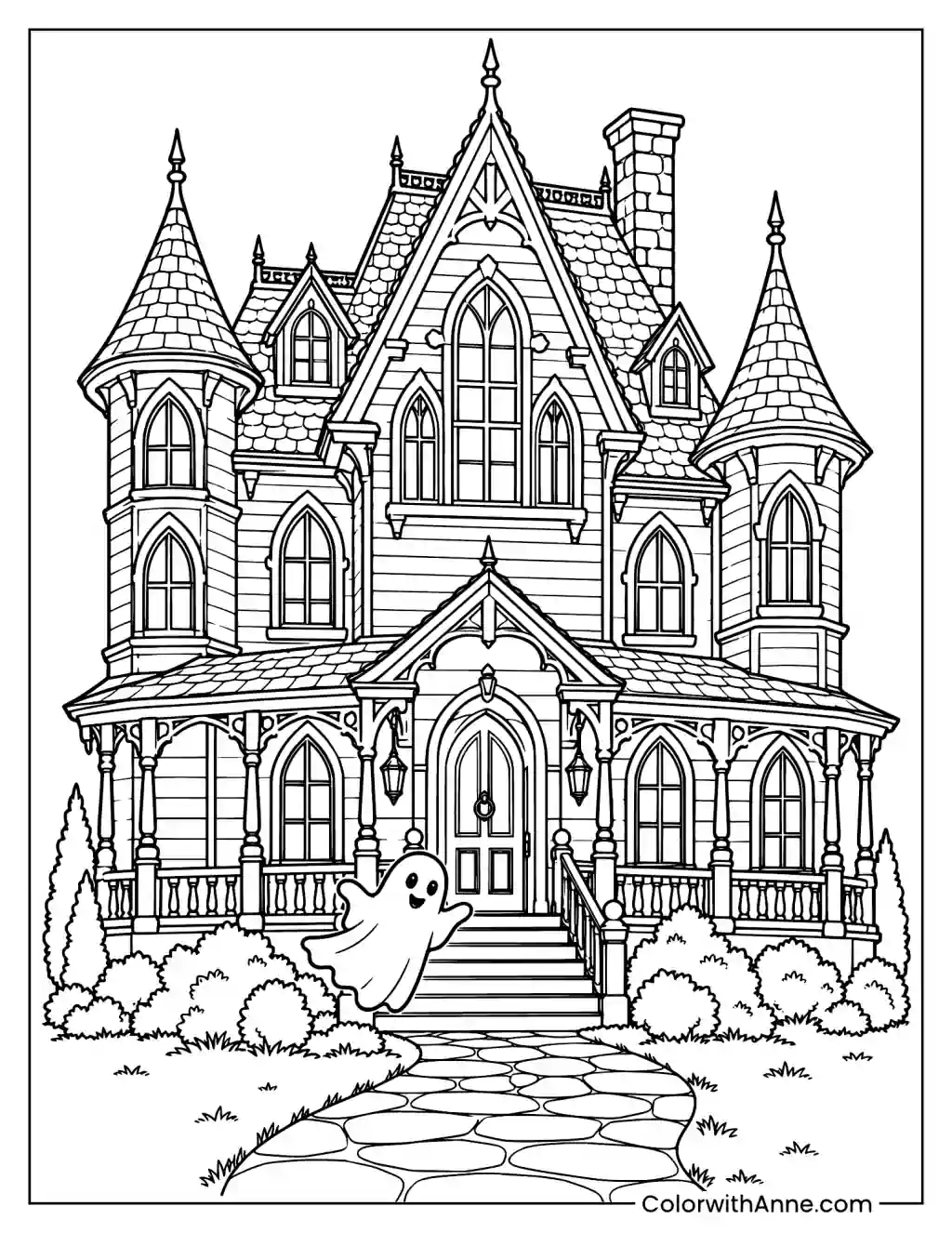 Haunted Mansion with Little Ghost Coloring Page