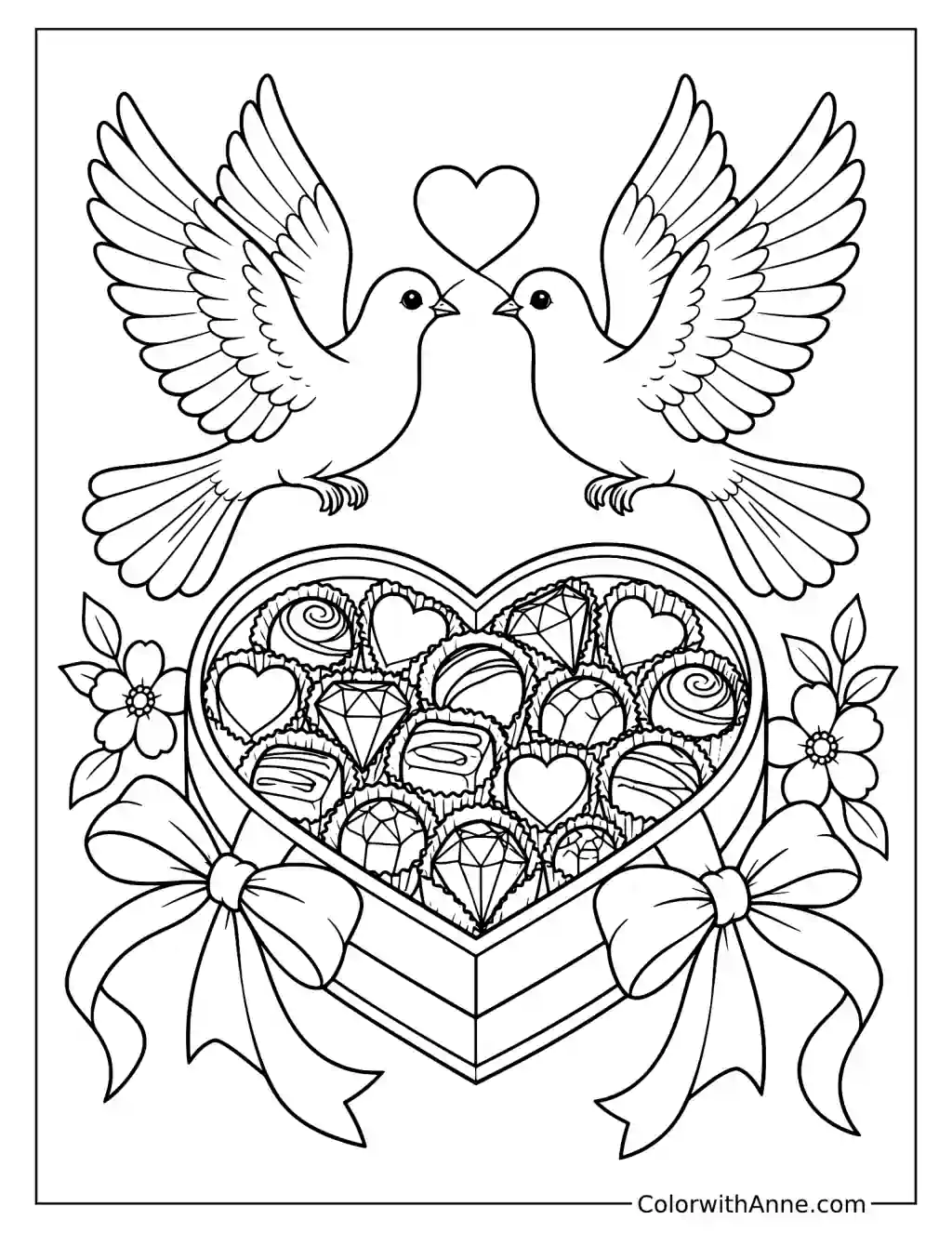 Heart-Shaped Chocolate Box with Doves Valentine's Day Coloring Page
