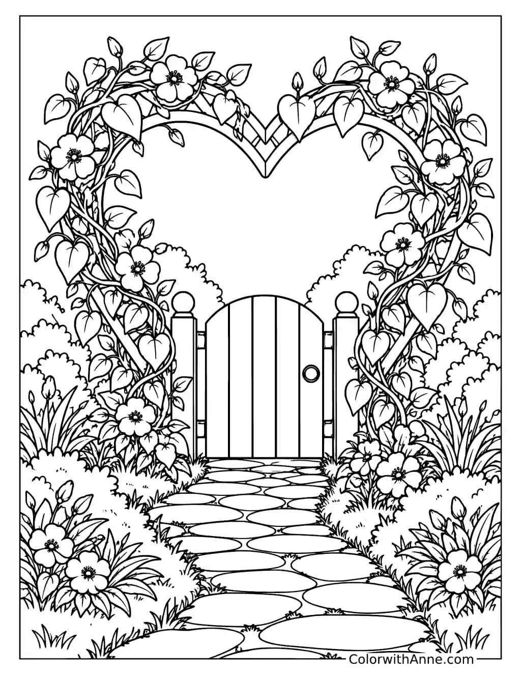 Heart-Shaped Garden Gate Valentine’s Day Coloring Sheet