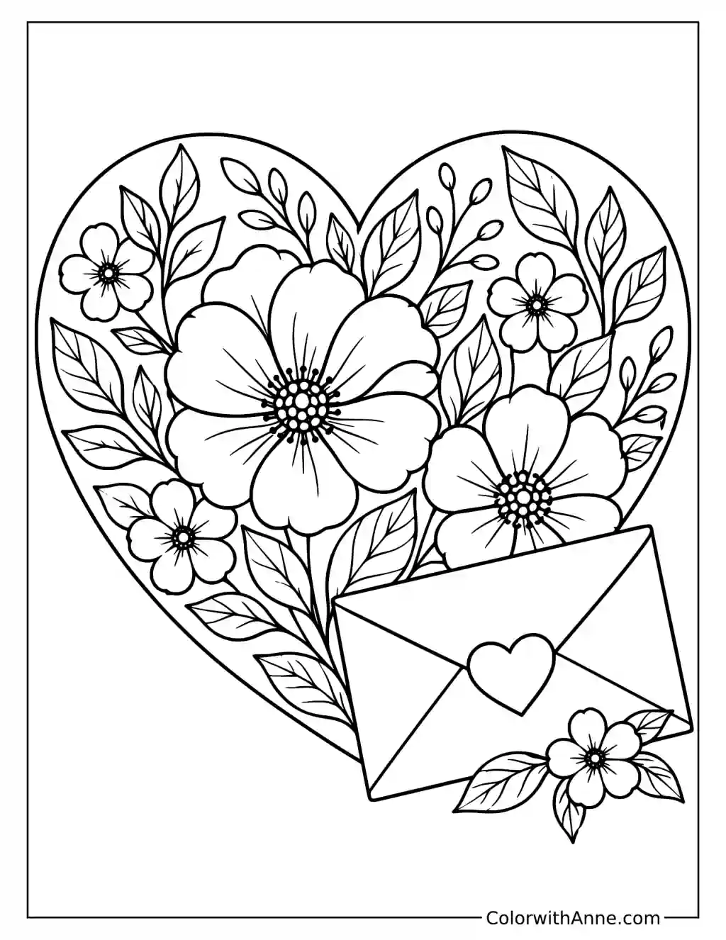 Heart with Floral Pattern and Love Letter Valentine's Day Coloring Page