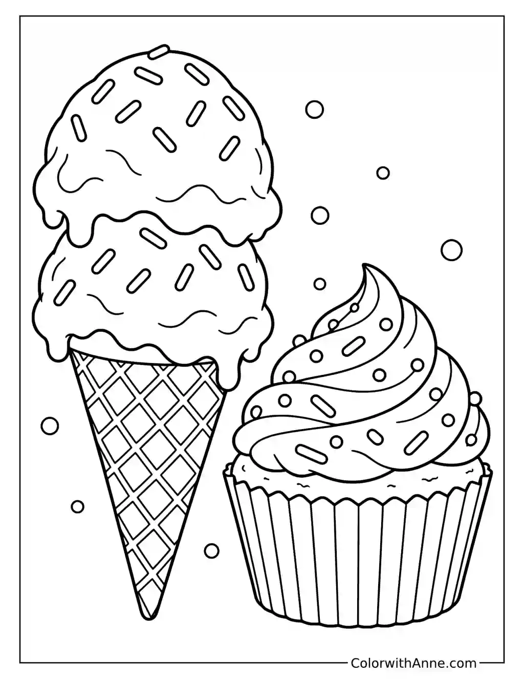 Ice Cream Cone and Cupcake Duo Coloring Page