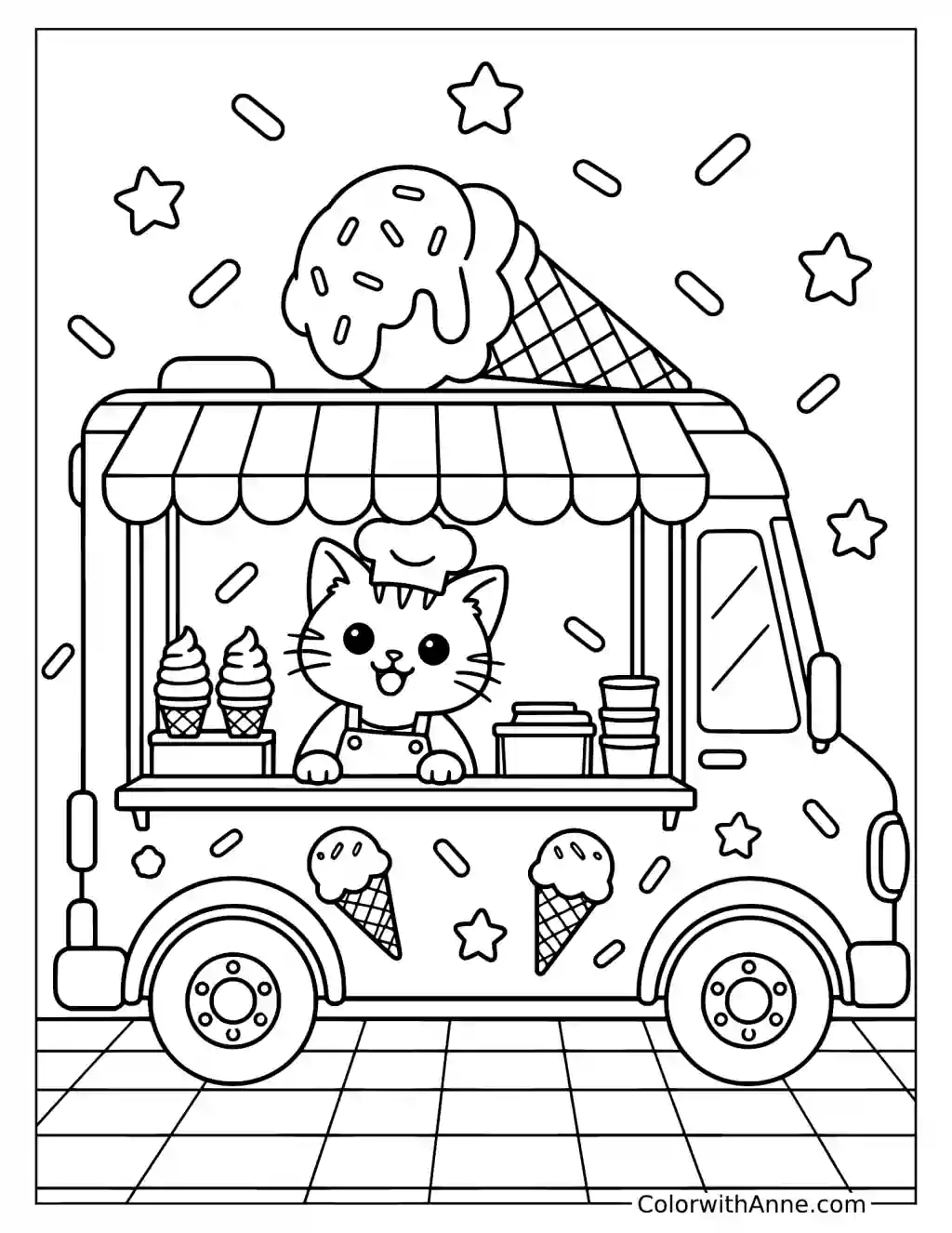 Ice Cream Truck with Chef Cat Coloring Page