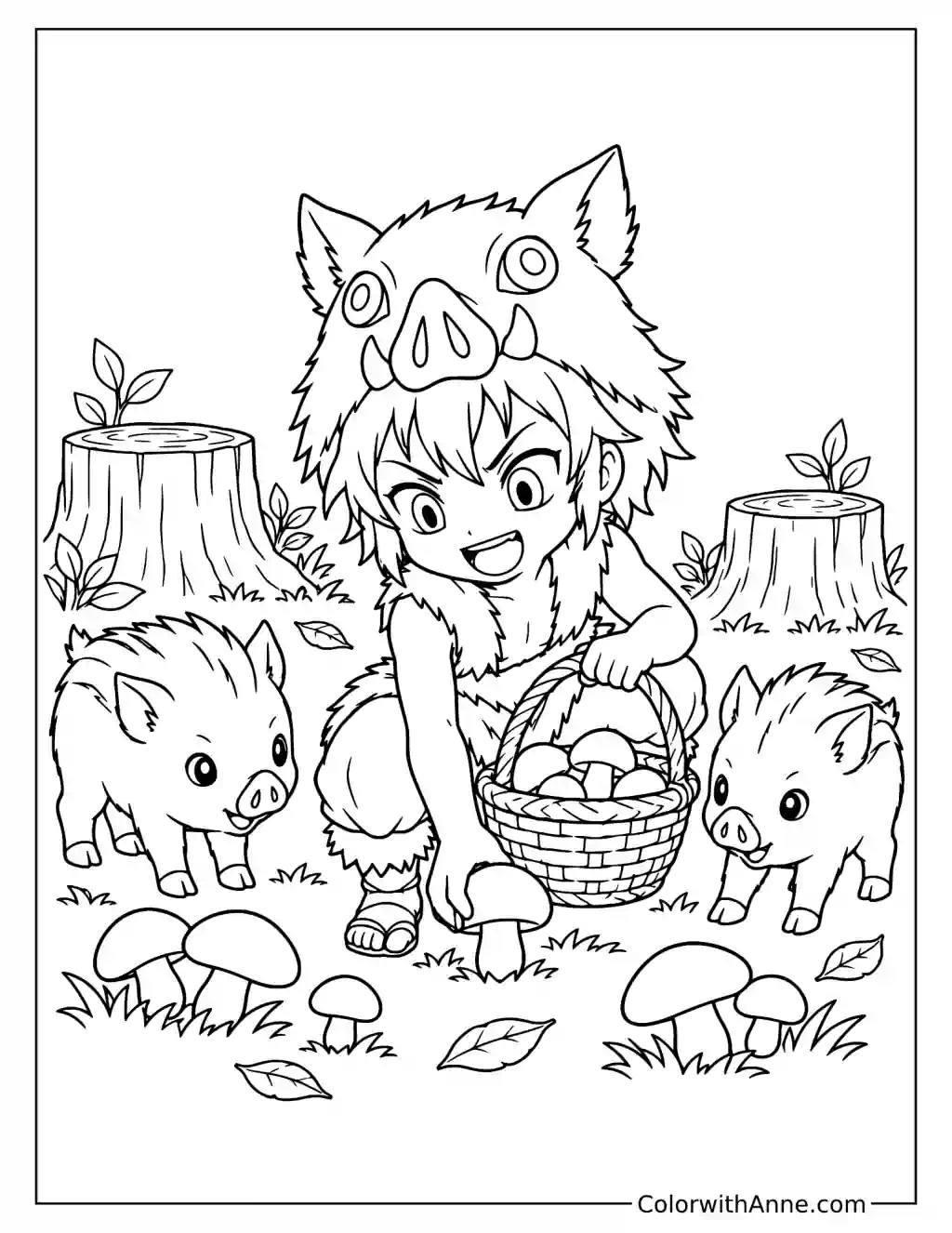 Inosuke Gathering Mushrooms with Baby Boars Coloring Page