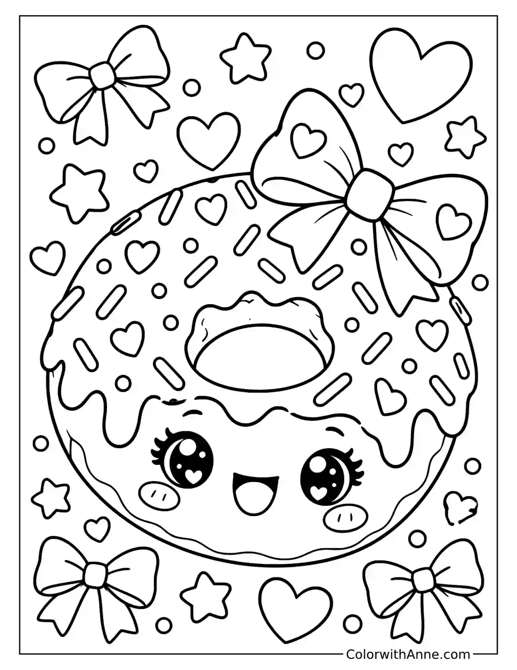 Kawaii Donut with Bows and Hearts Coloring Page