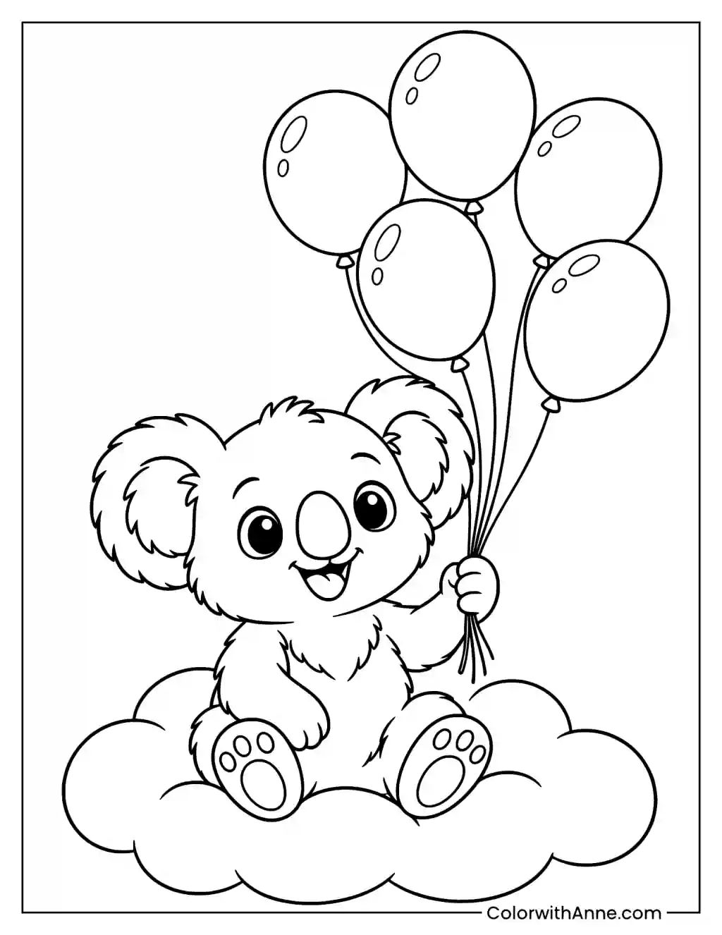 Koala Holding Balloons on a Cloud Coloring Page