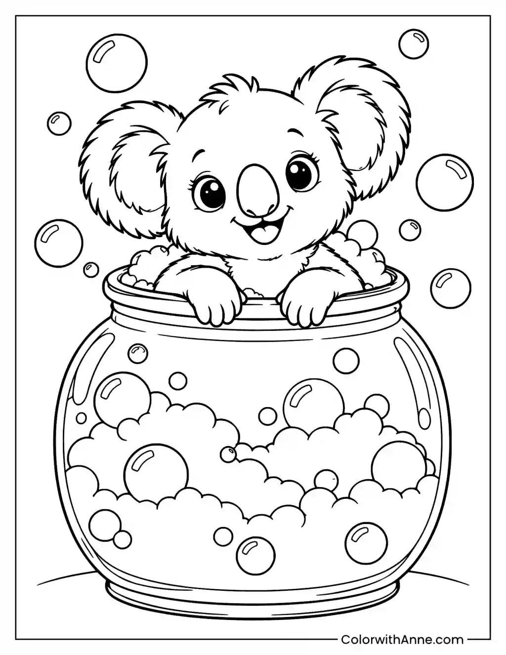 Koala in a Jar of Bubbles Coloring Page
