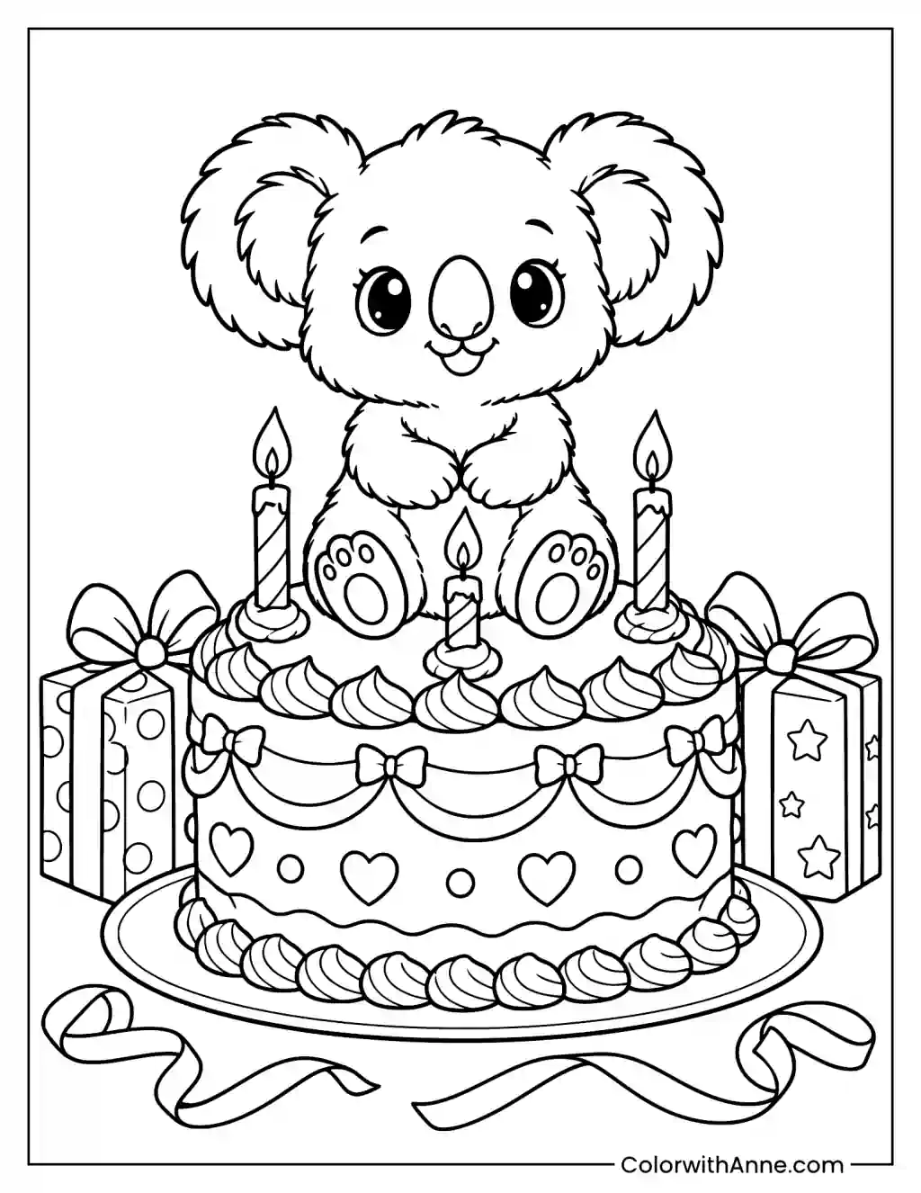 Koala on a Birthday Cake Coloring Page