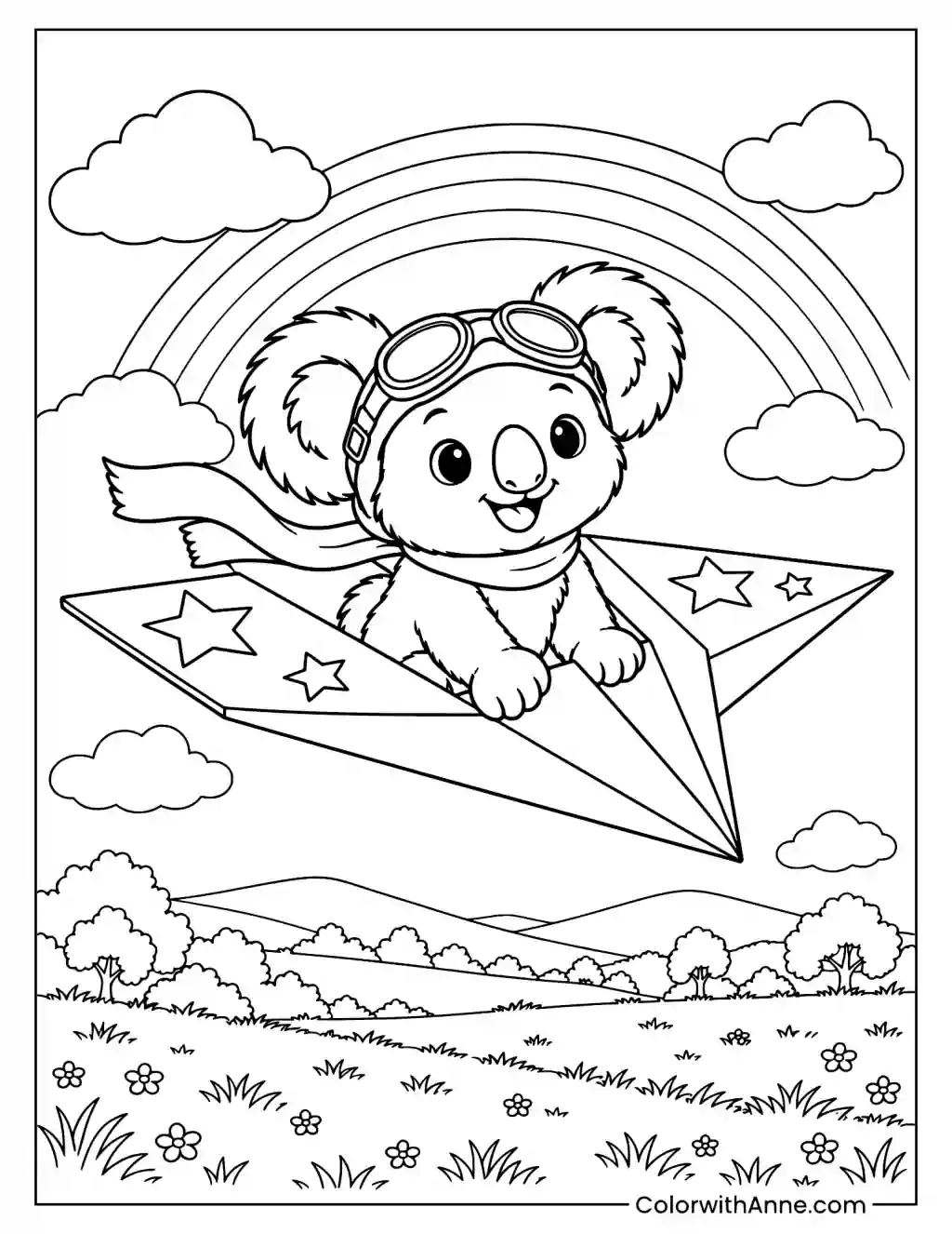 Koala Pilot Riding a Paper Airplane Coloring Page