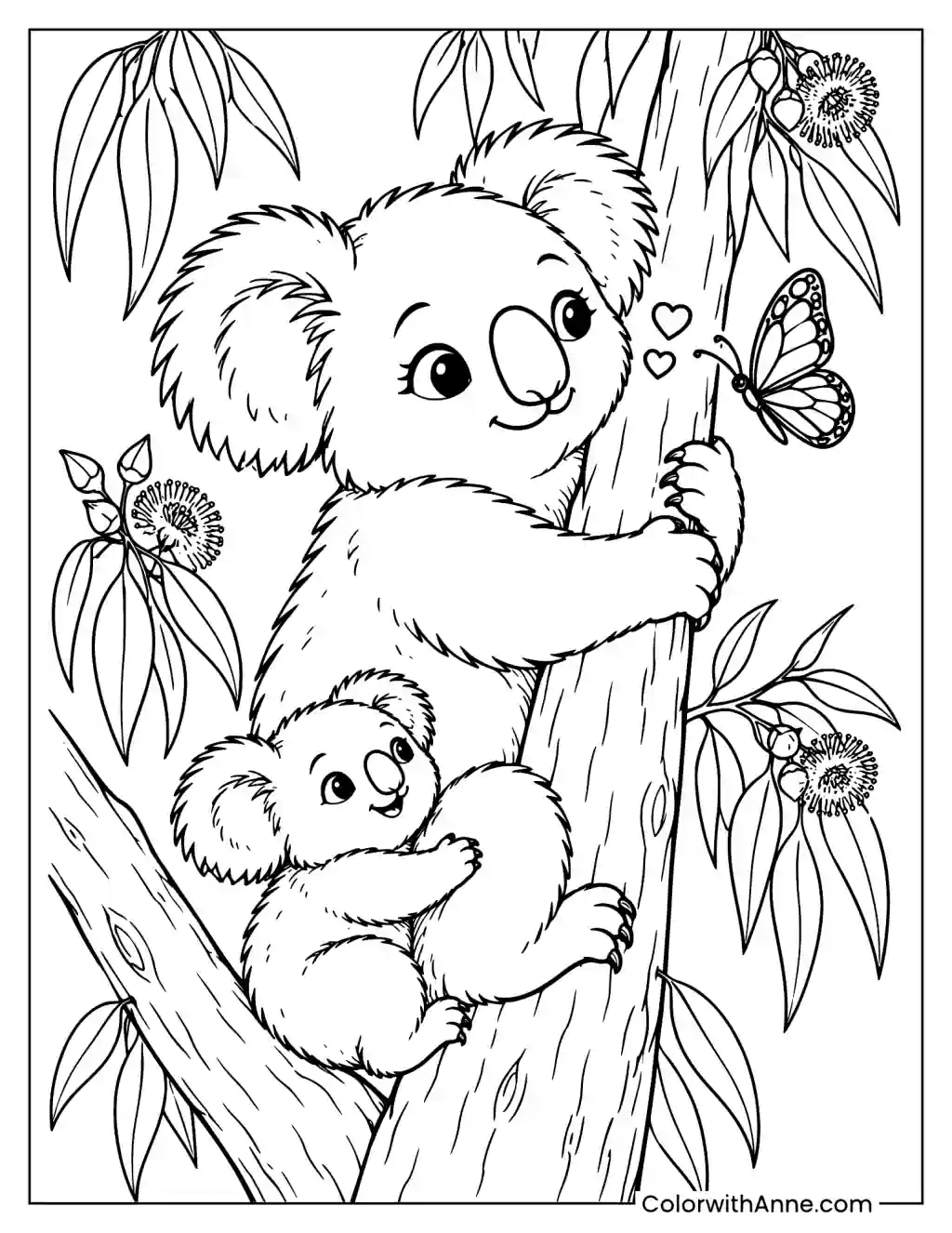 Koala's Heartfelt Treetop Hug Coloring Page