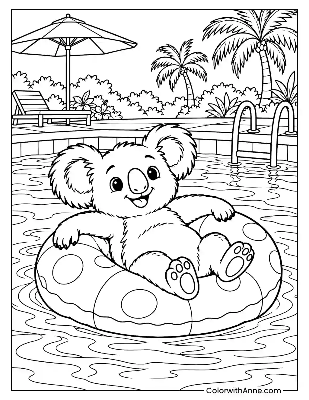 Koala Swimming with a Pool Float Coloring Page