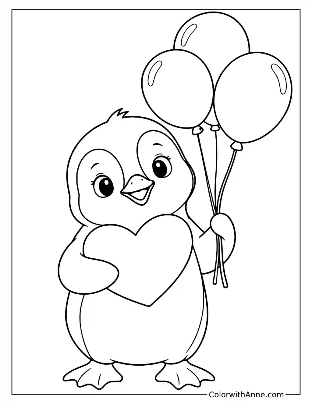 Little Penguin with a Heart and Balloons Coloring Page