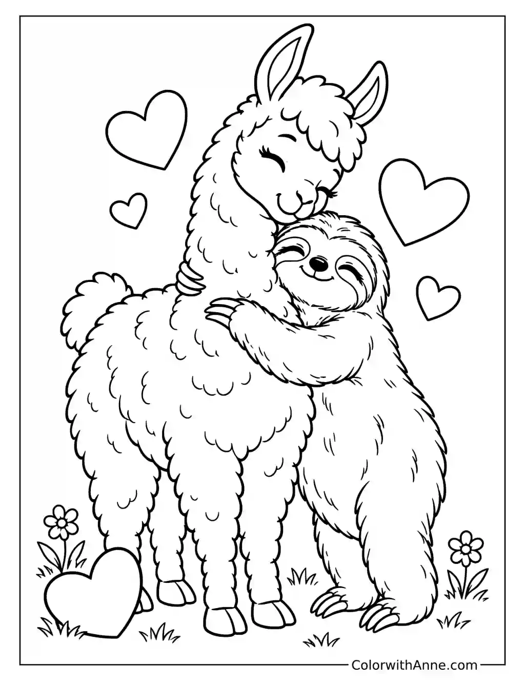 Llama and Sloth Hugging Together Valentine’s Day Coloring Page
