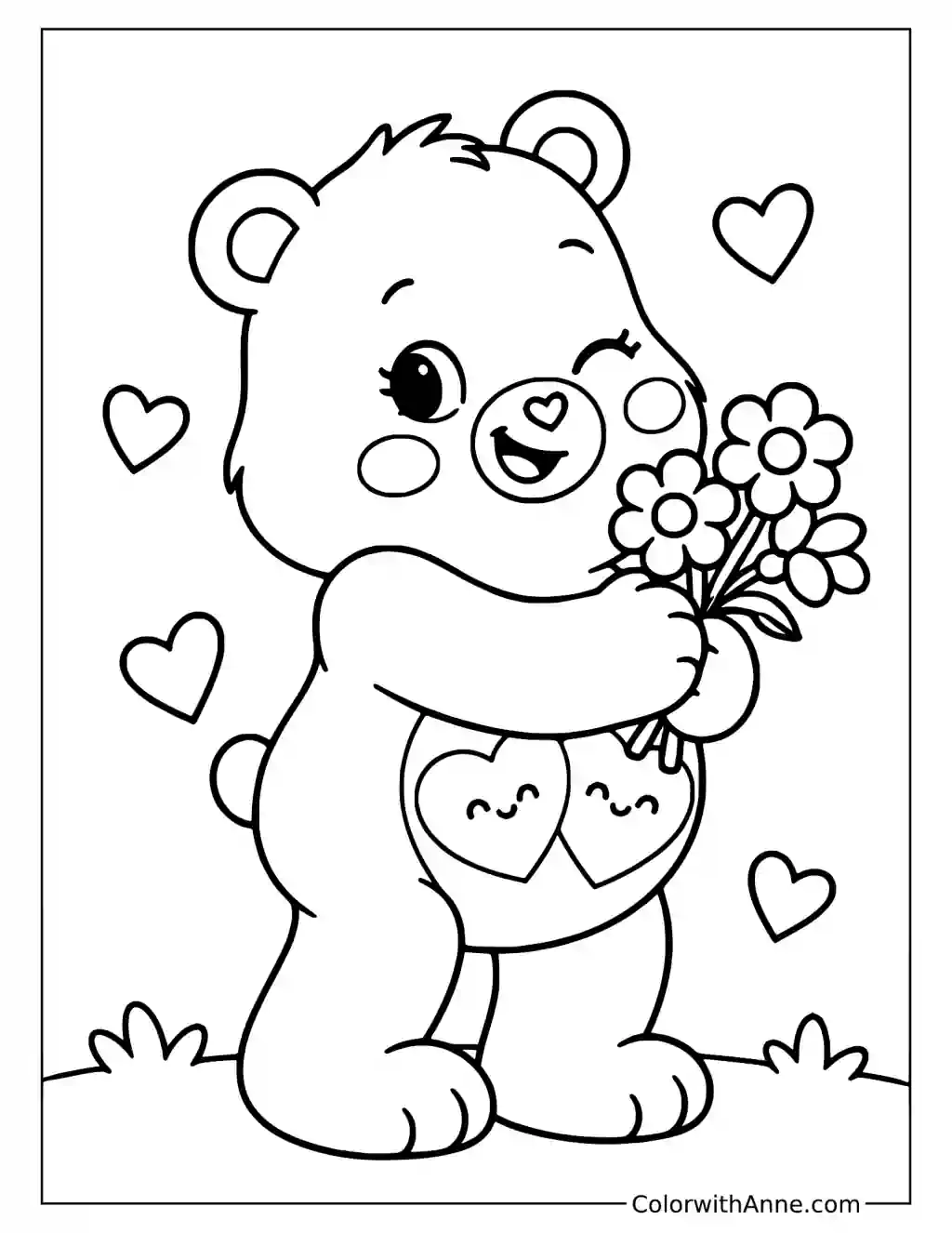 Love-a-Lot Bear Holding a Flower Bouquet Coloring Page