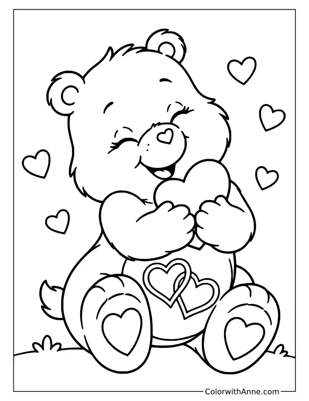 Love-a-Lot Bear Hugging a Heart with Eyes Closed Coloring Page