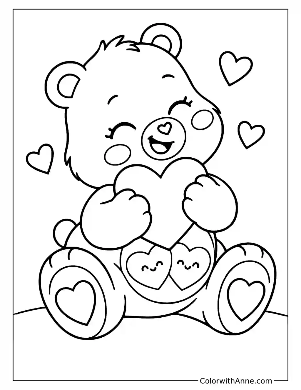 Love-a-Lot Bear Sitting Among Hearts Coloring Page