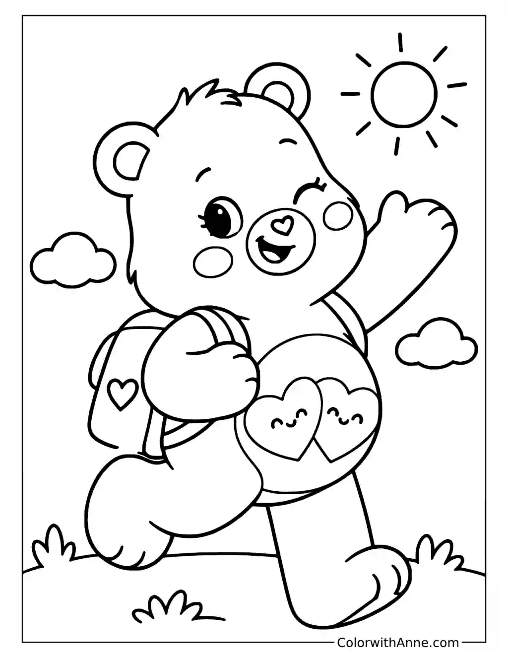 Love-a-Lot Bear Waving with a Backpack Coloring Page