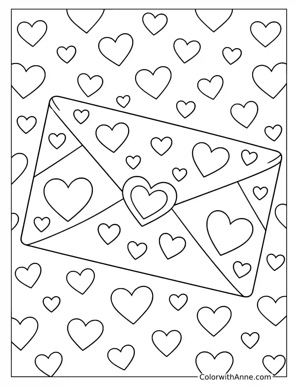 Love Letter Envelope with Heart Background Valentine's Day Coloring Page