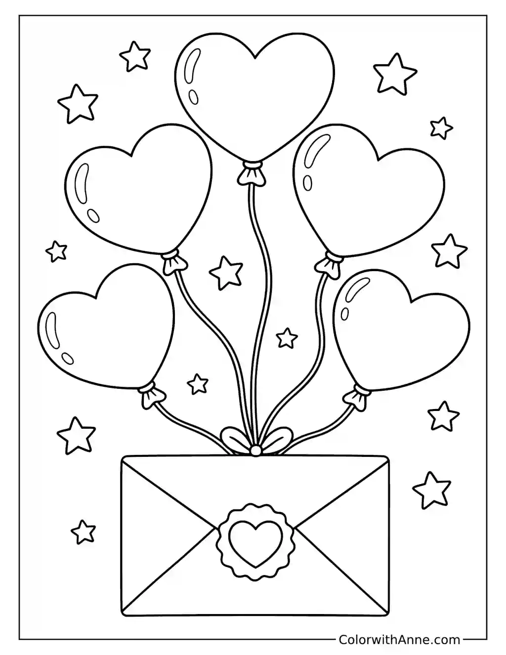 Love Letter with Heart Balloons and Stars Valentine's Day Coloring Page
