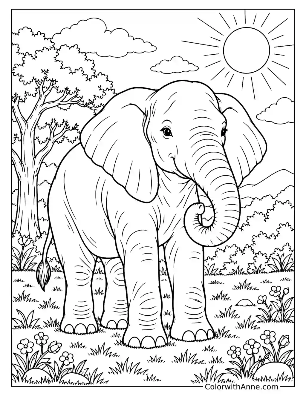 Majestic Elephant in the Sunlight Coloring Page