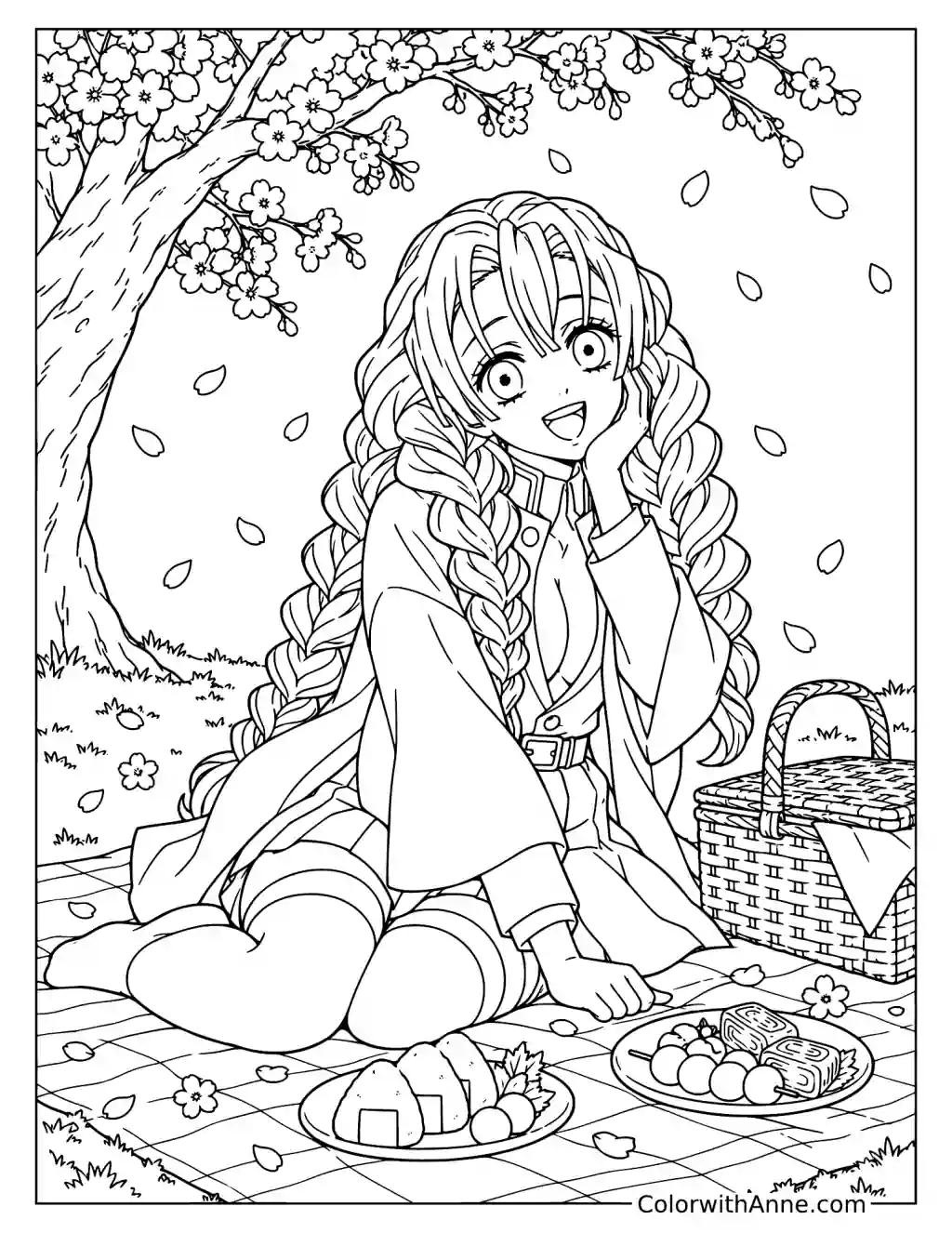 Mitsuri Having a Cherry Blossom Picnic Coloring Page