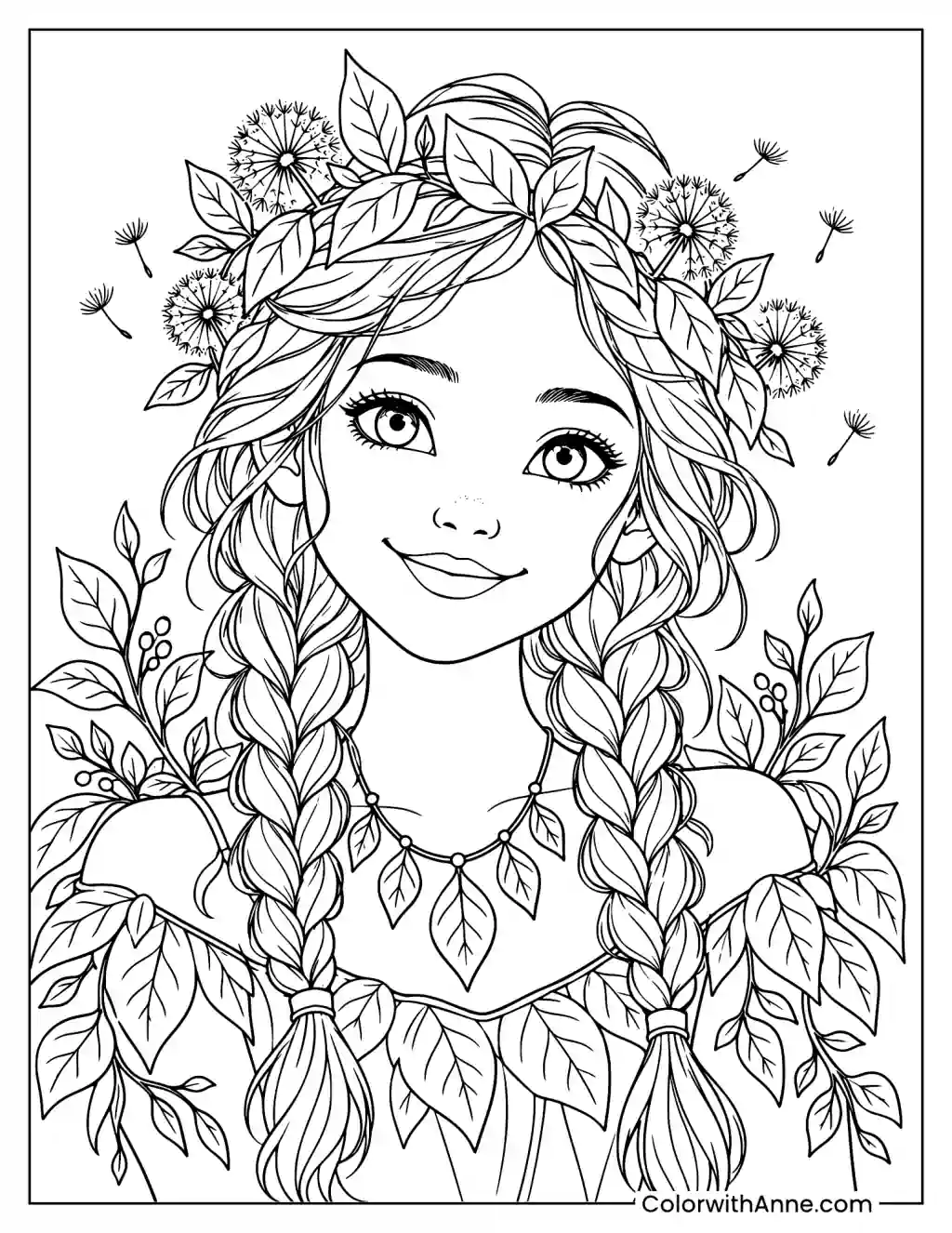 Nature Girl with Leaves Coloring Page
