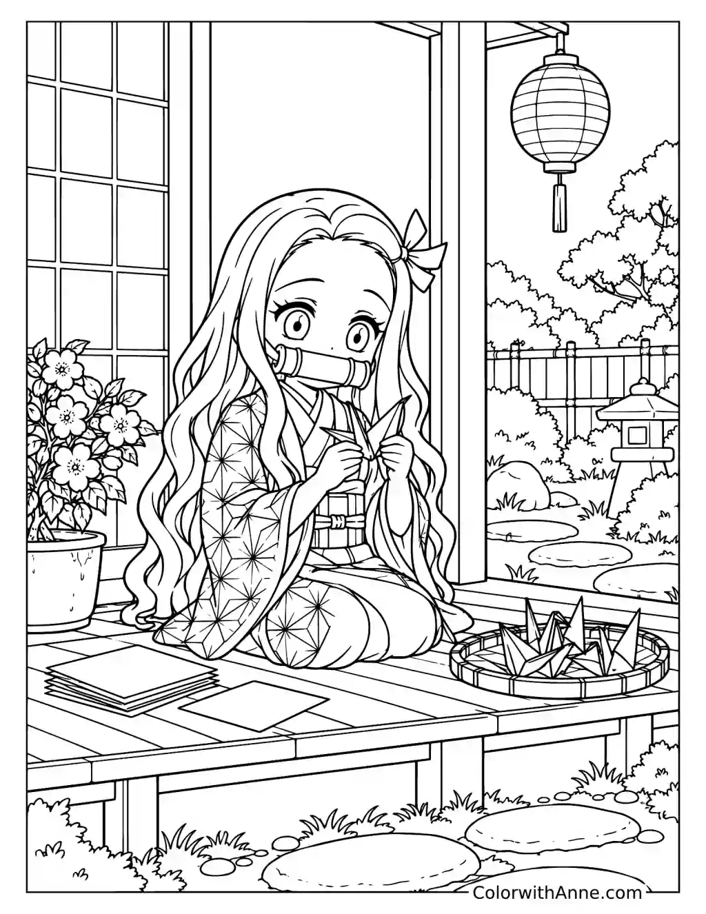 Nezuko Folding Origami Cranes on the Porch Coloring Page