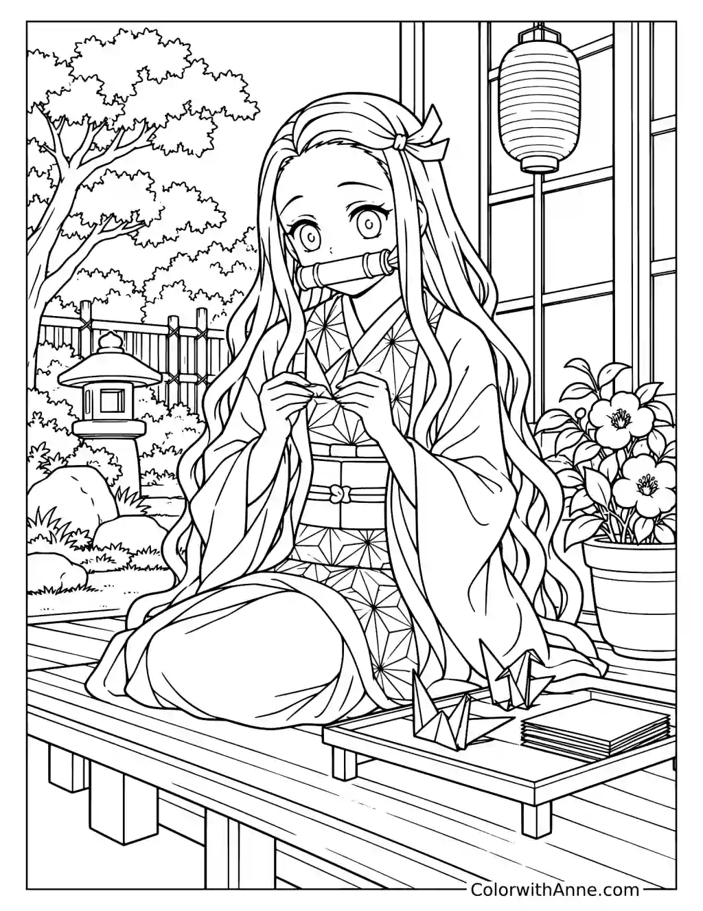 Nezuko Making Origami Cranes in a Peaceful Garden Coloring Page
