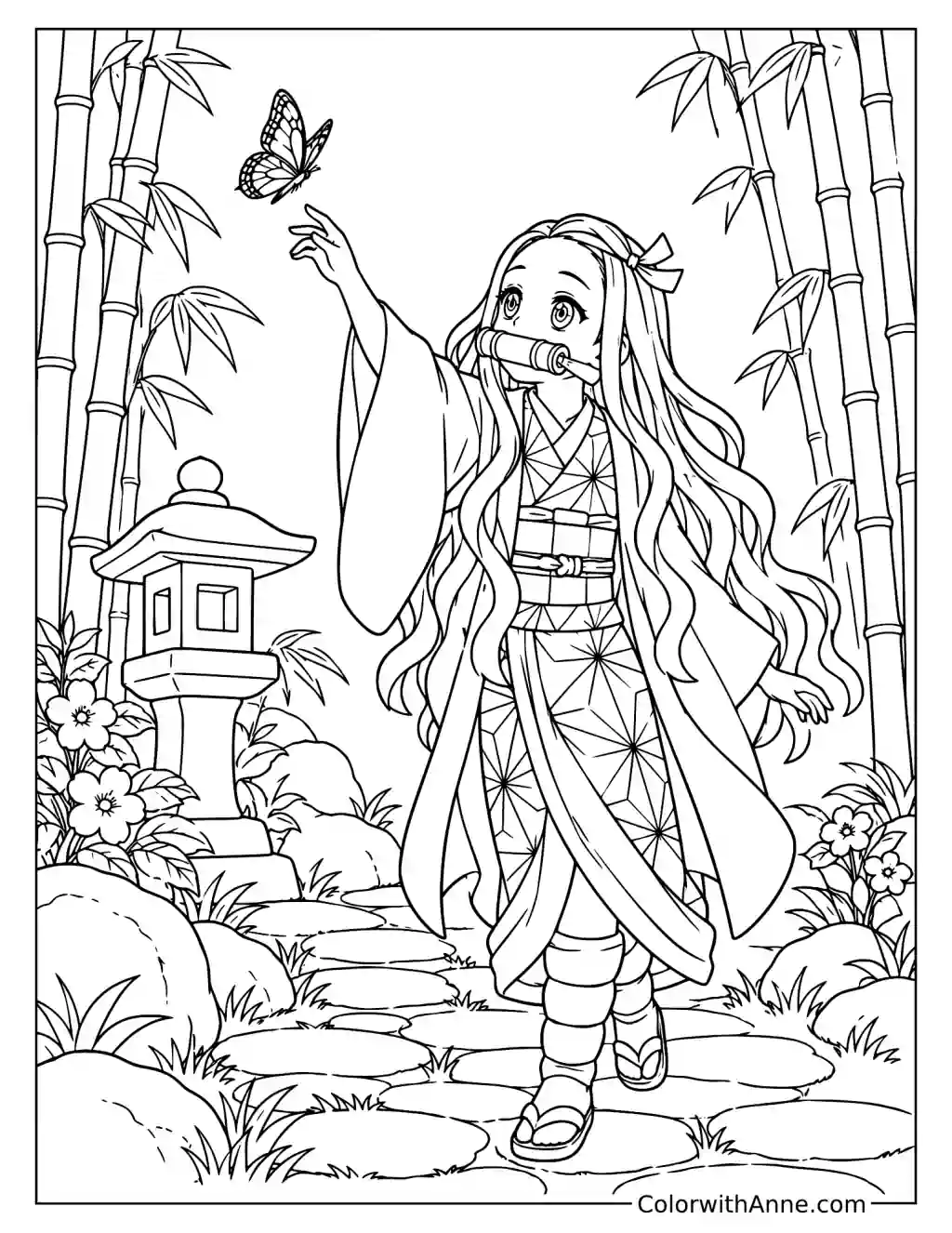 Nezuko Reaching for a Butterfly in the Bamboo Forest Coloring Page