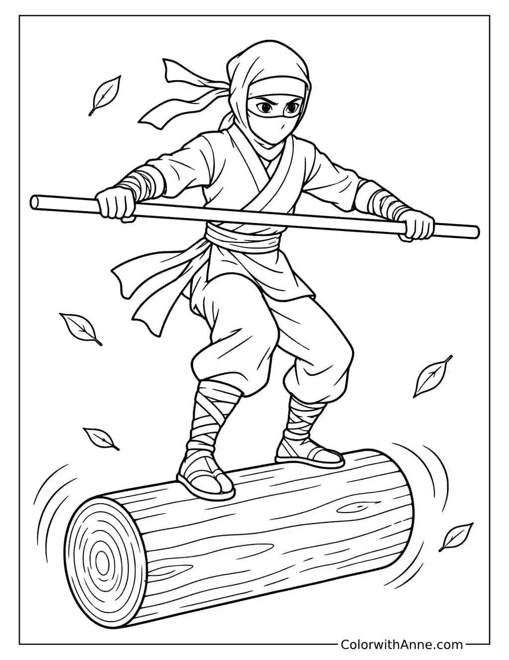 Ninja Balancing on a Rolling Log Coloring Page