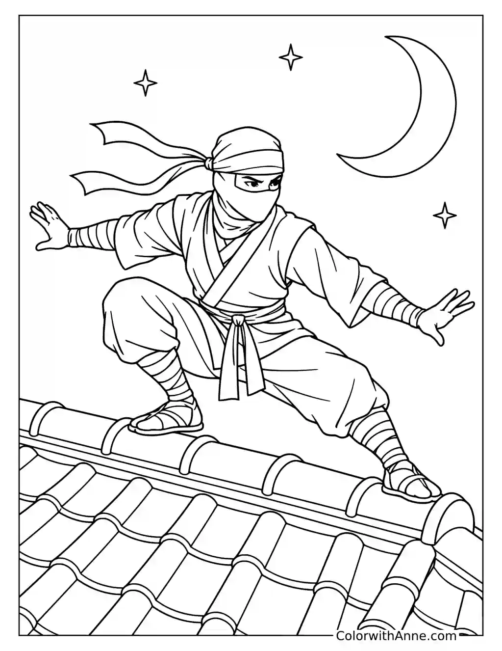 Ninja Balancing on a Rooftop Under the Moon Coloring Page