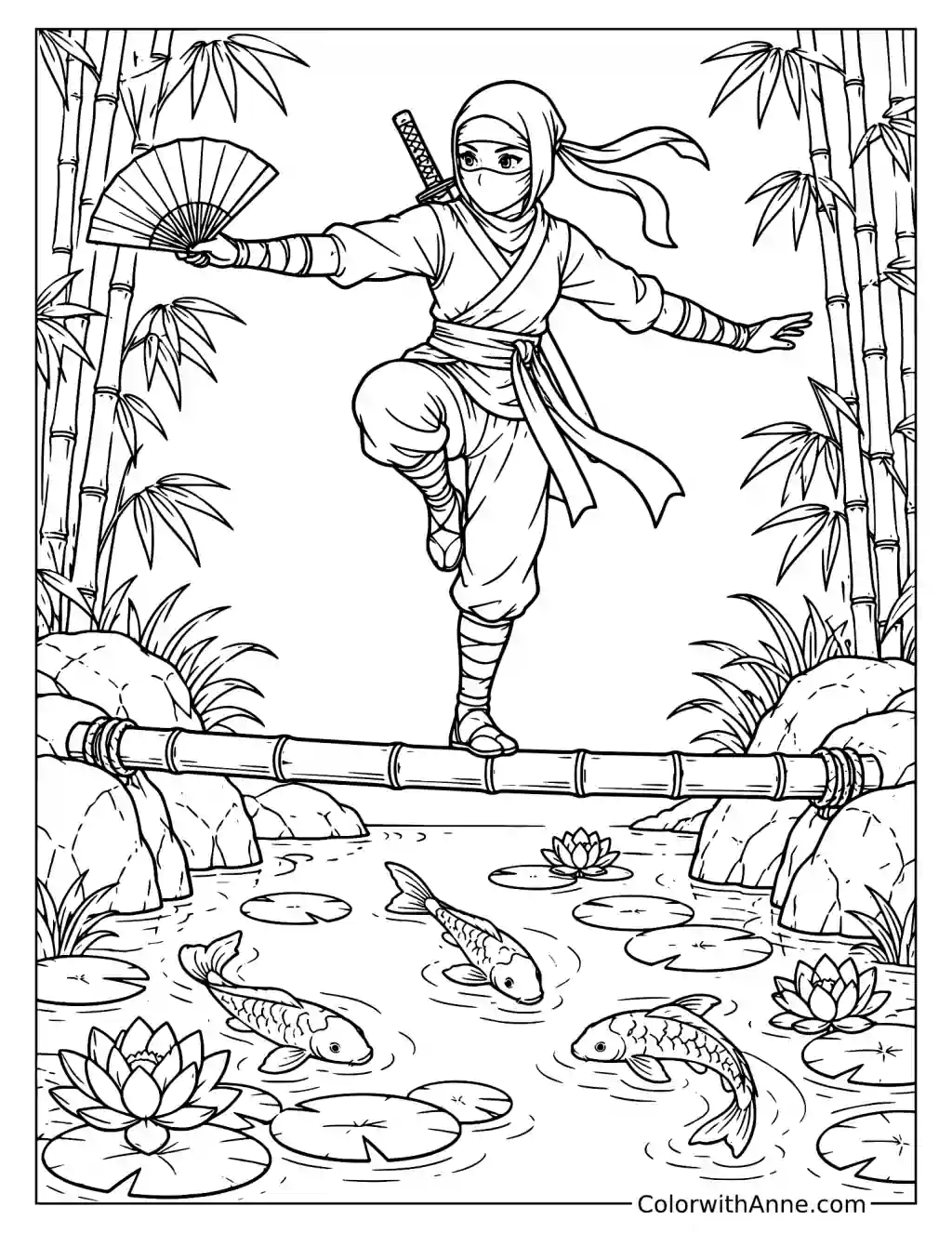 Ninja Balancing on Bamboo Over a Koi Pond Coloring Page