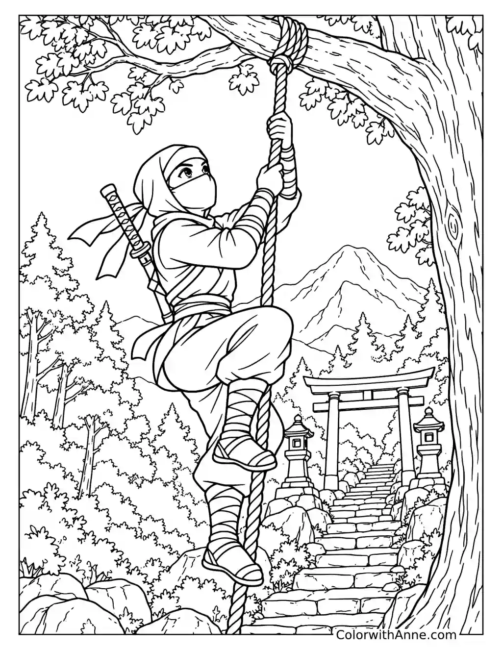 Ninja Climbing a Rope in a Mountain Shrine Forest Coloring Page