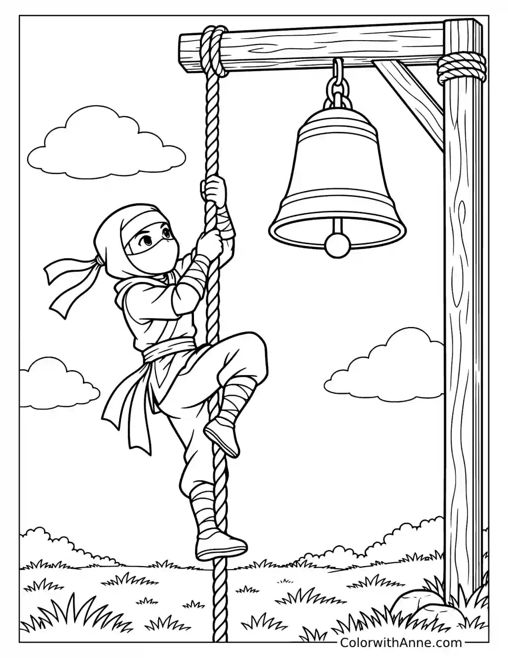 Ninja Climbing a Rope to Ring a Bell Coloring Page