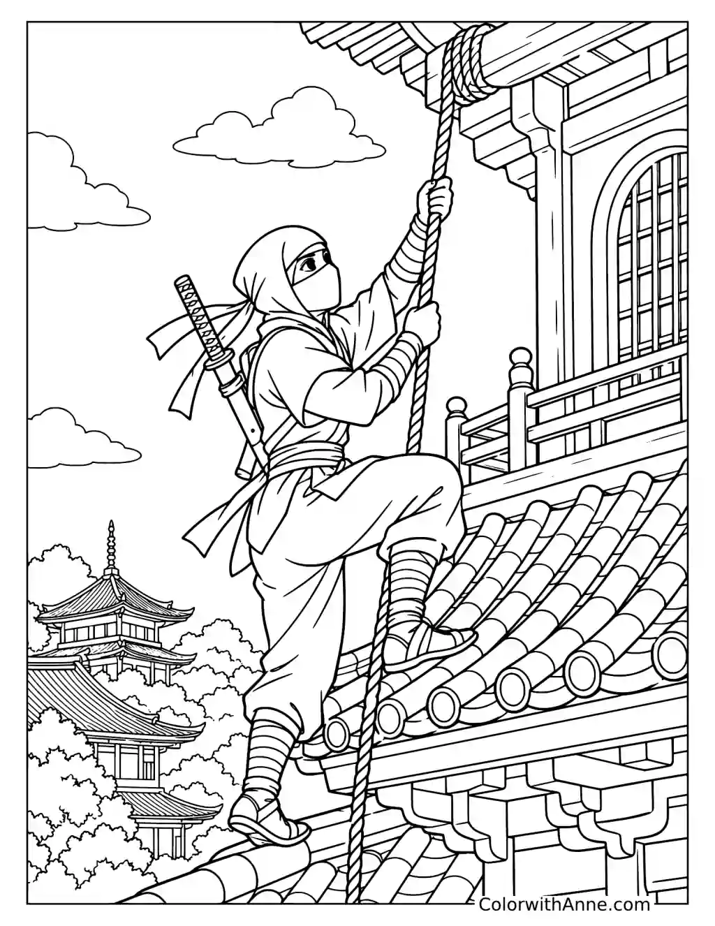 Ninja Climbing a Temple Roof Coloring Page