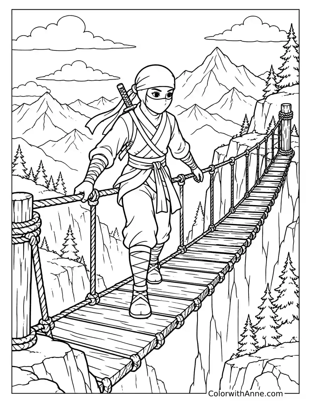 Ninja Crossing a Mountain Rope Bridge Coloring Page
