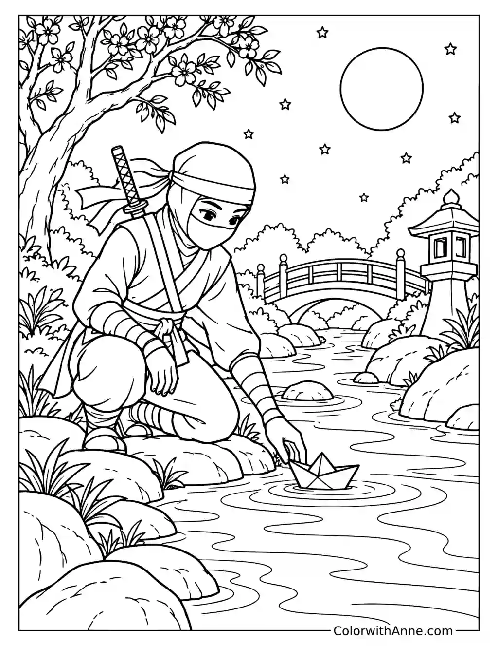 Ninja Floating a Paper Boat in a Moonlit Garden Coloring Page