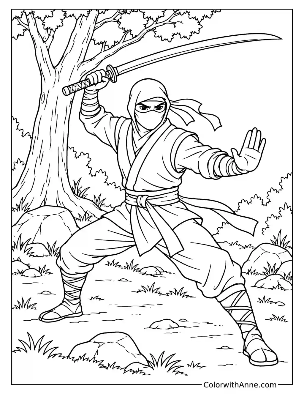 Ninja in Battle Stance with Sword in Forest Coloring Page