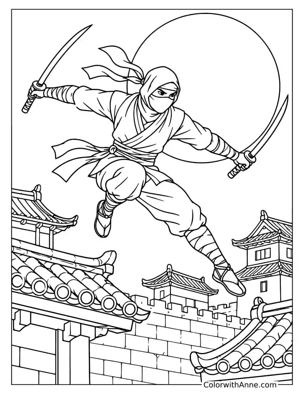 Ninja Jumping over Rooftops under Full Moon Coloring Page
