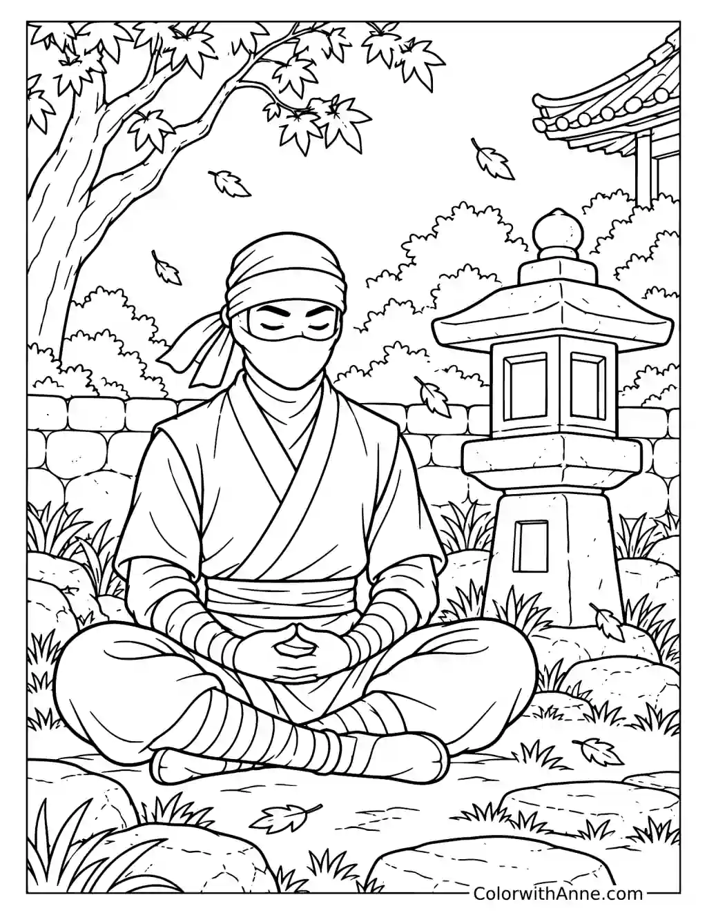 Ninja Meditating by Stone Lantern Coloring Page