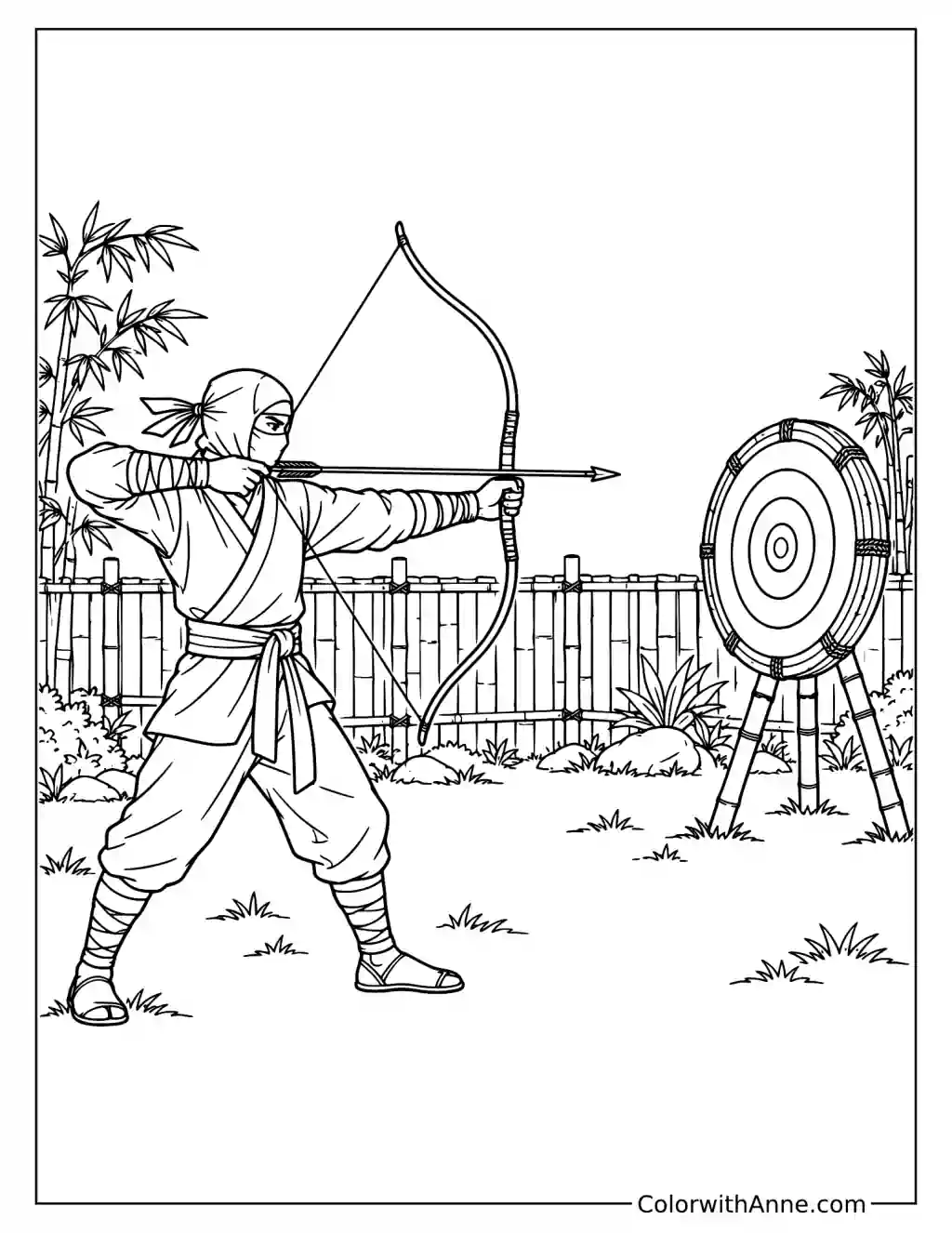 Ninja Practicing Archery with a Bamboo Target Coloring Page
