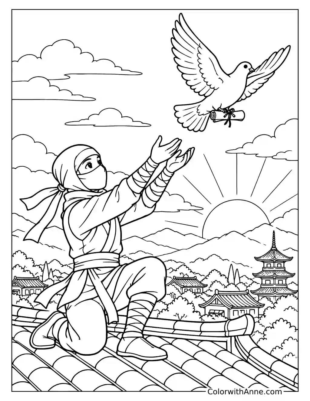 Ninja Releasing a Dove at Sunrise Coloring Page